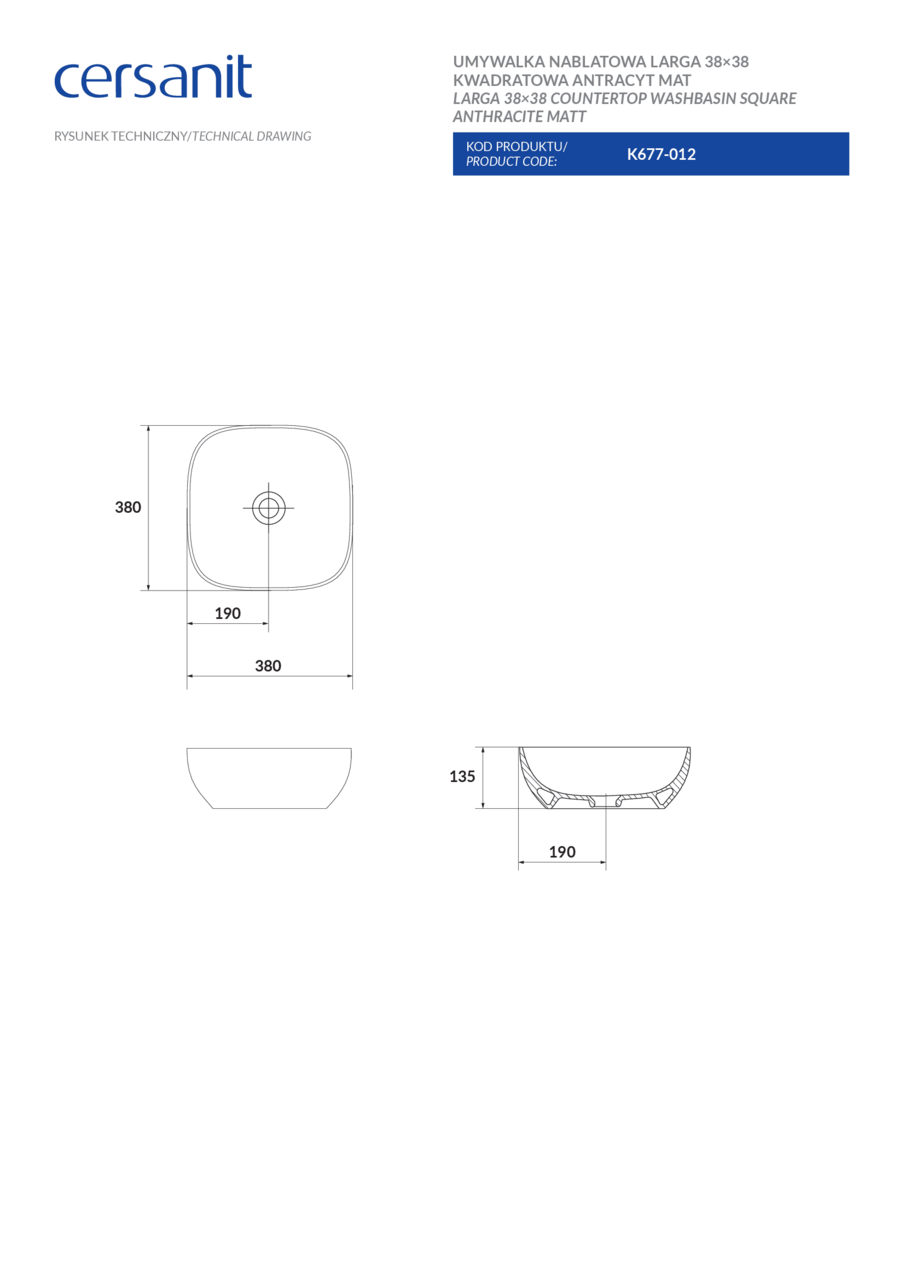 Умивальник 38 см Larga Anthracite CCWT1000770770 Cersanit - Зображення 37918852-83ec3.png