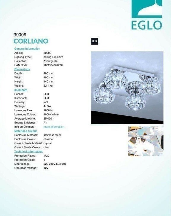 Світильник CORLIANO CHROM-KRISTALL LED (39009), EGLO - Зображення 39009--.jpg