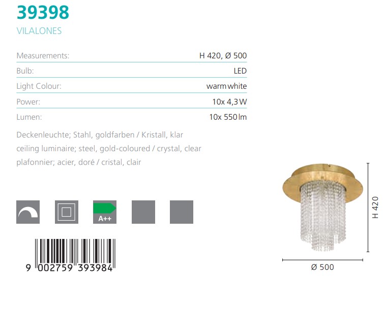 Світильник VILALONES GOLD-KRISTALL LED (39398), EGLO - Зображення 39398--.jpg