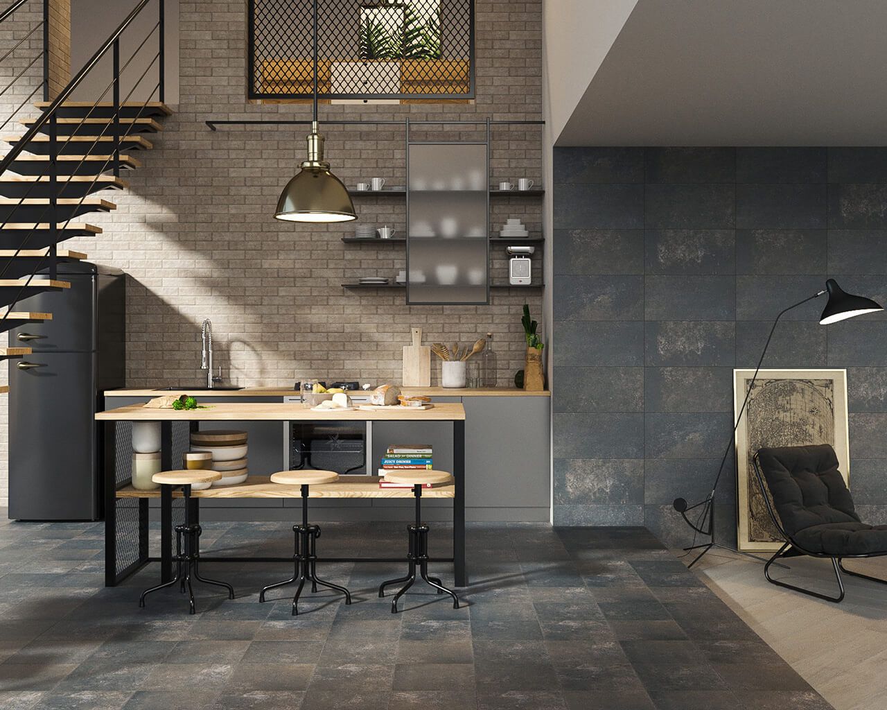 Плитка фасадна Viano Grys 66x245x7,4 Paradyz - Зображення 52e8c-salon-z-aneksem-kuchennym-viano-ceramika-paradyz.jpg