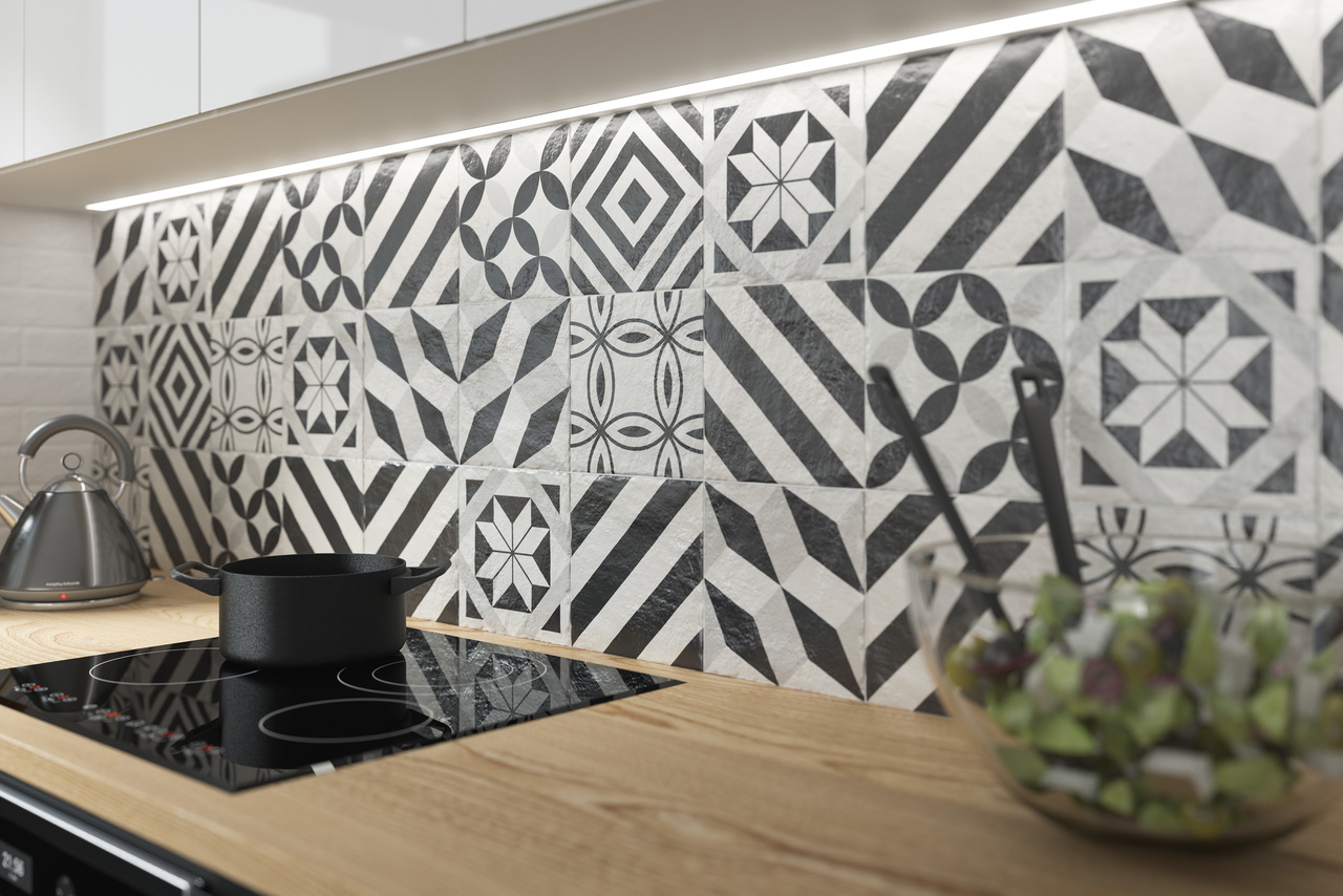 Плитка керамогранітна Modern Motyw B STR 198x198x7,5 Paradyz - Зображення 547f7-modern_motyw_mix_198x198_detal_kuchnia_styl_tradycyjny.jpg