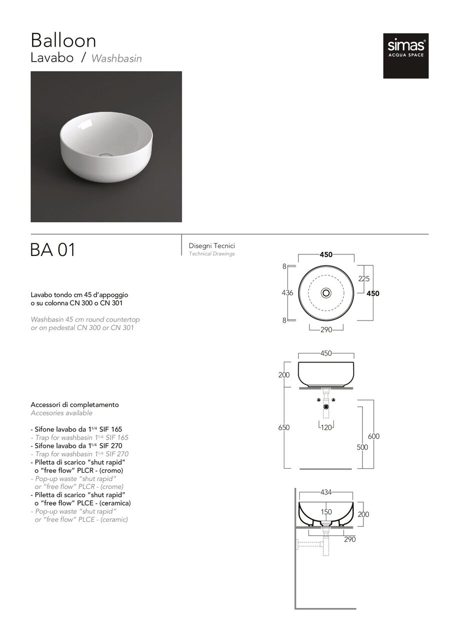 Умивальник Balloon 45 BA01 Glossy white SIMAS - Зображення 60159555-2e92c.jpg