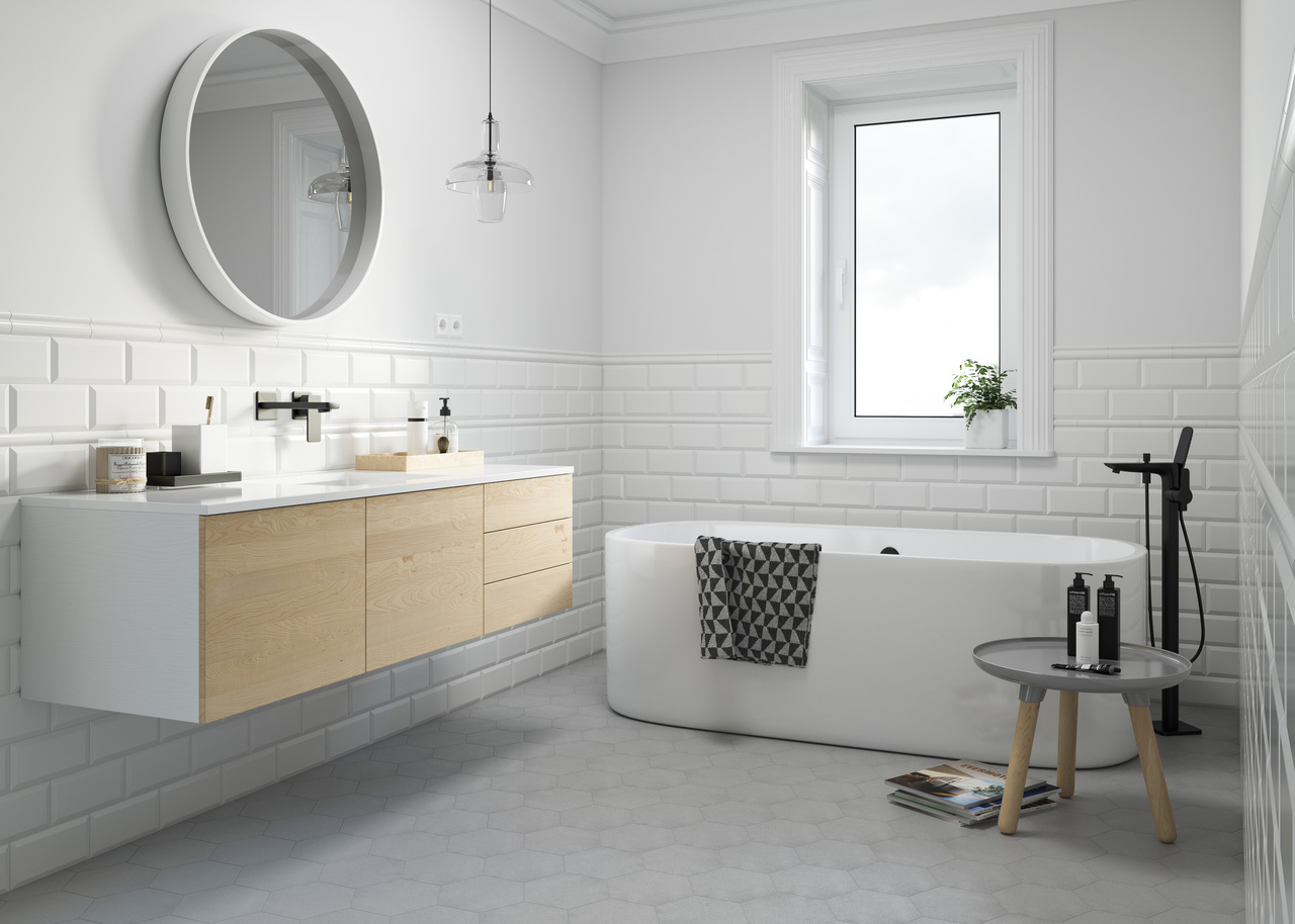 Декор Tamoe Bianco London 98x198 Paradyz - Зображення 639d2-tamoe_bianco_aranz_glowny_lazienka_esagon_concrete_silver.jpg