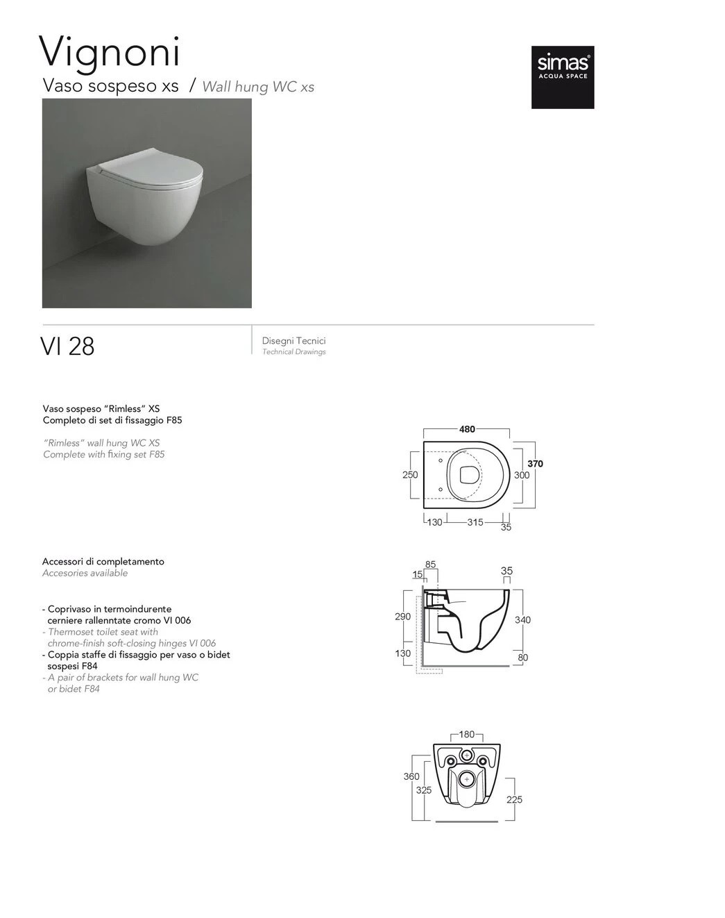 Унитаз подвесной Vignoni XS Rimless с крышкой soft-close VI28-F85-VI006XS Glossy White SIMAS - Зображення 68582796-4dc06.jpg