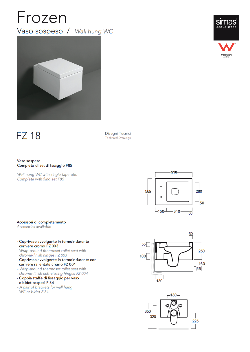 Унітаз підвісний Frozen з кришкою soft-close FZ18-F85-FZ004 Glossy white SIMAS - Зображення