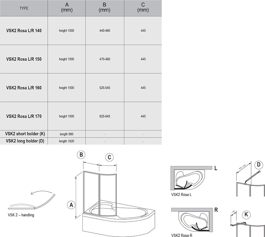 Шторка для ванны двухэлементная VSK2 ROSA 140 L Rain, RAVAK - Зображення 76L7010041-1.jpg