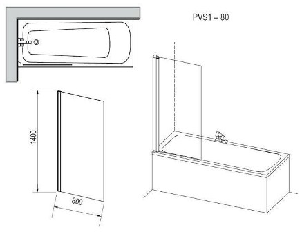 Шторка для ванни нерухома одноелементна PVS1-80 Transparent (79840100Z1), RAVAK - Зображення 79840100Z1_1.jpg