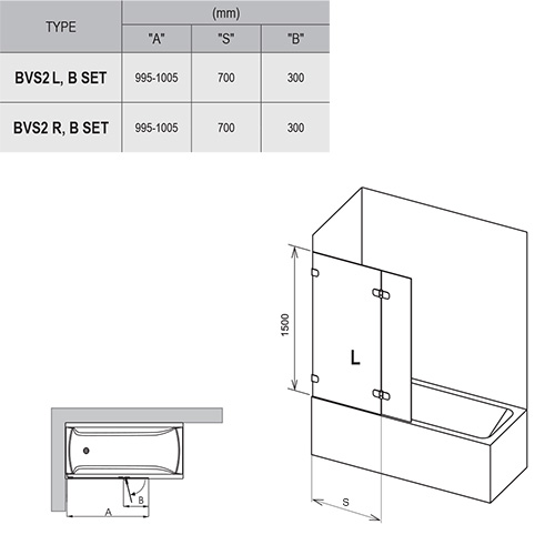 Шторка для ванны двухэлементная BVS2-100 L Transparent, RAVAK - Зображення 7ULA0A00Z1-1.jpg