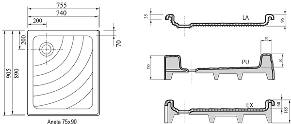 Душовий піддон ANETA 75x90 PU-R, RAVAK - Зображення A003701220-2.jpg