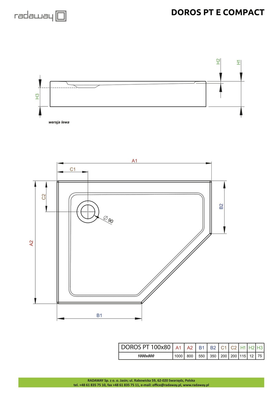 Душовий піддон Doros PT E Compact 100x80 см правий, RADAWAY - Зображення Doros-PT-E_Compact-.jpg