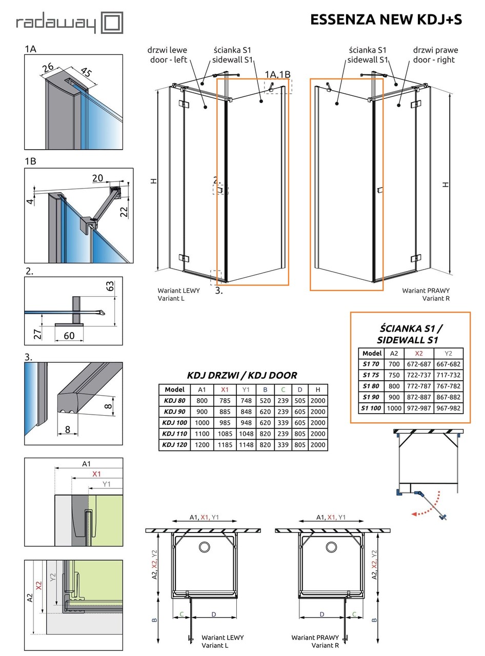 Бокова стінка Essenza New KDJ+S-Fuenta New KDJ+S S1 90, RADAWAY - Зображення Essenza-New-KDJS_S1.jpg