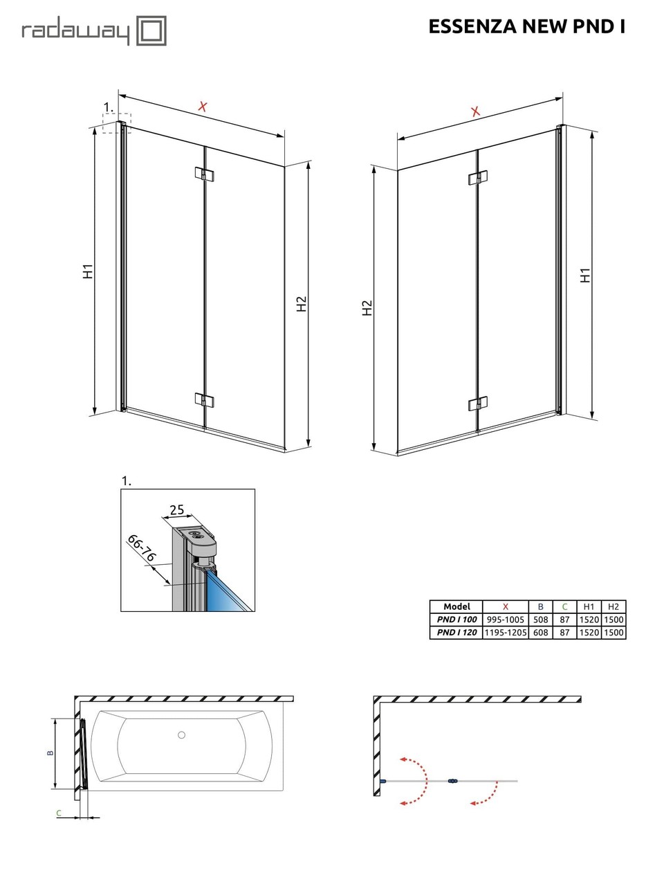 Шторка для ванни Essenza New PND I 100 ліва, RADAWAY - Зображення Essenza-New-PND-I.jpg