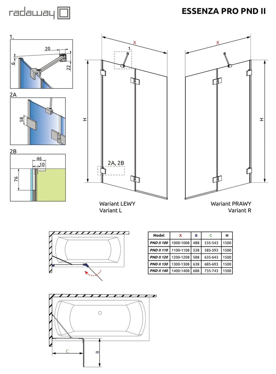 Шторка для ванни Essenza Pro PND II 100 ліва, RADAWAY - Зображення Essenza-Pro-PND-IIx.jpg