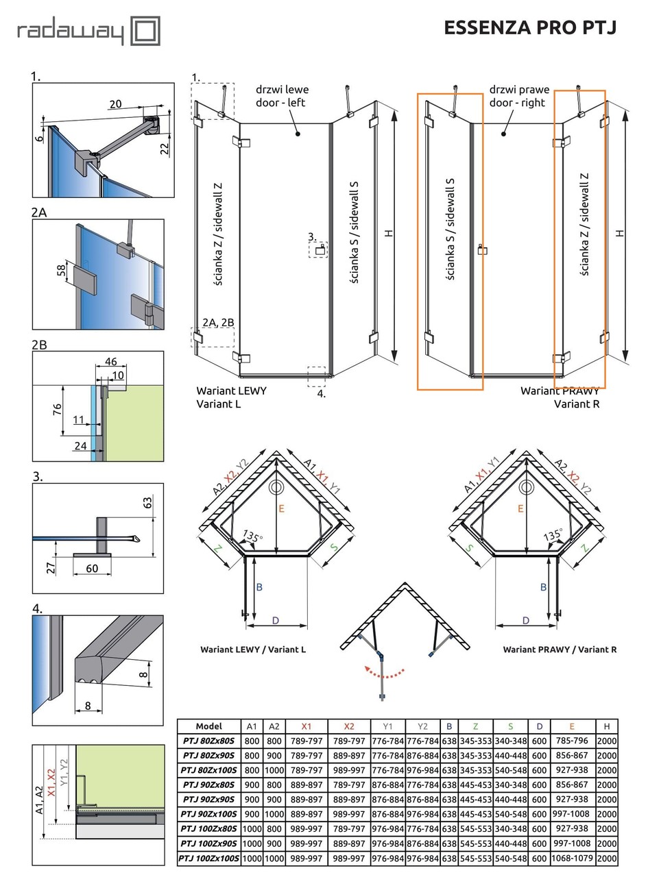 Комплект бокових стінок Essenza Pro PTJ 90 Z x 90 S, RADAWAY - Зображення Essenza-Pro-PTJ_xx.jpg