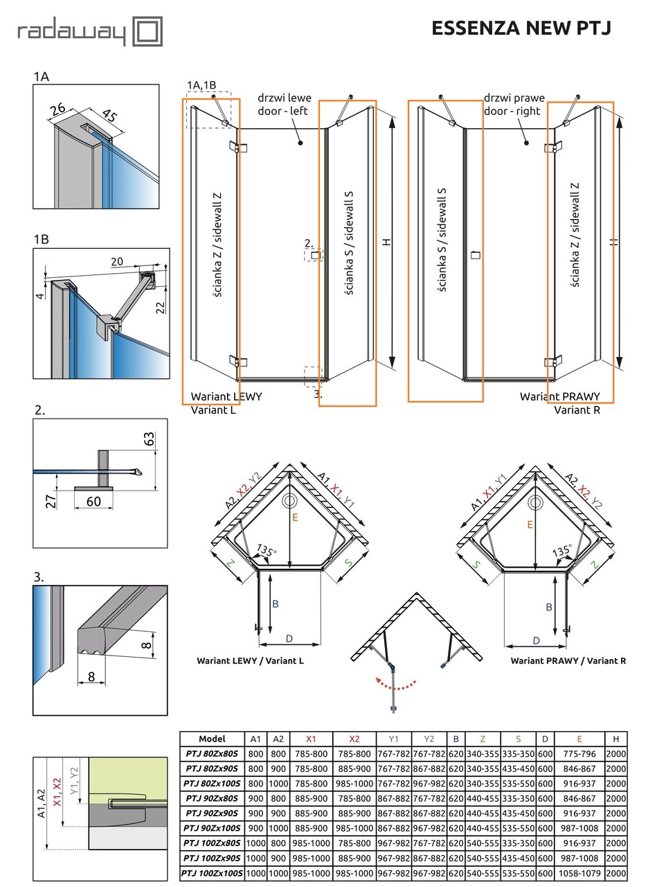 Комплект бокових стінок Essenza New PTJ 90 Z x 90 S, RADAWAY - Зображення Essenza-new-PTJ_stin.jpg
