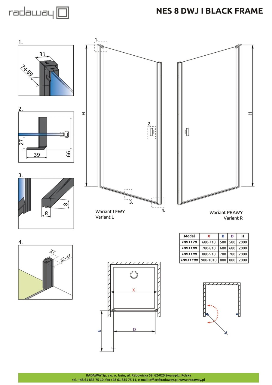 Душові двері NES 8 Black DWJ I 90 Frame праві RADAWAY купити недорого в Києві Львові Лео