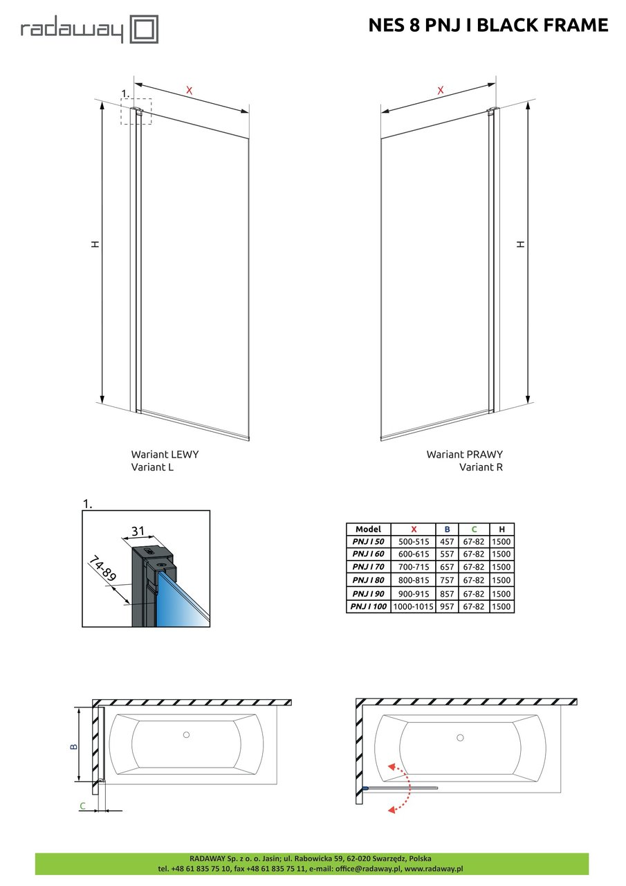 Шторка для ванни NES 8 Black PNJ I 70 Frame ліва RADAWAY - Зображення Nes-8-PNJ-I-Black-Frame--.jpg