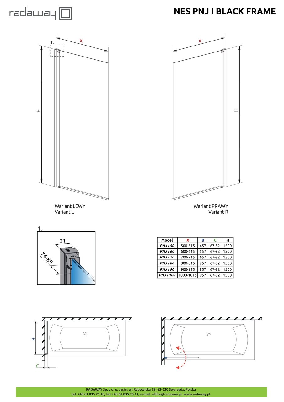 Шторка для ванни NES Black PNJ I 100 Frame ліва RADAWAY - Зображення Nes-PNJ-I-Black-Frame--.jpg