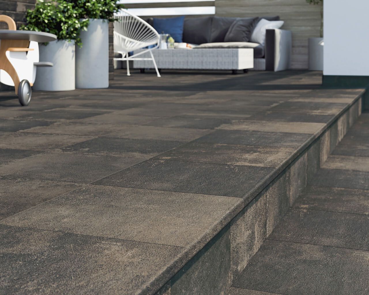 Ступень с капиносом угловая Scandiano Brown 330x330x11 Paradyz - Зображення c6180-aranzacja-brazowego-tarasu-schody-scandiano-ceramika-paradyz.jpg