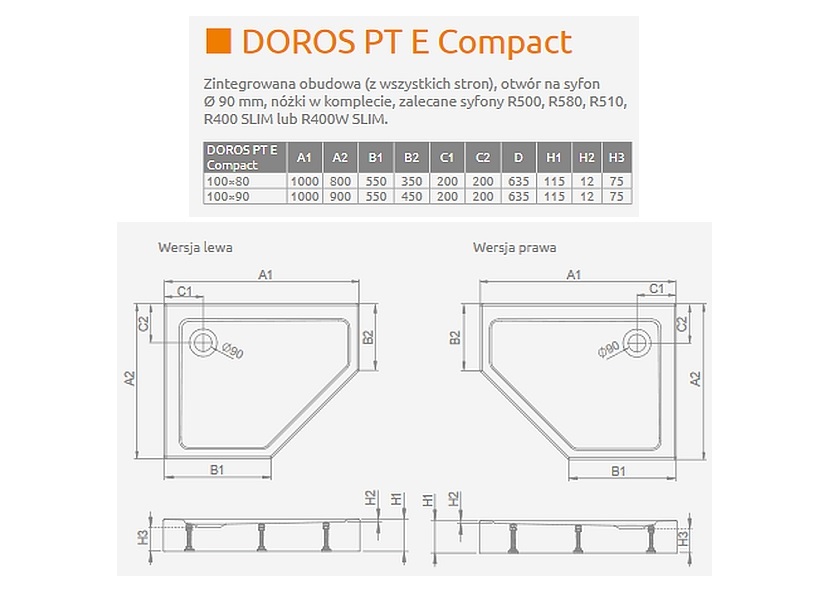 Душовий піддон Doros PT E Compact Stone Anthracite 100x80 см лівий, RADAWAY - Зображення doros-pt-e-compa.jpg