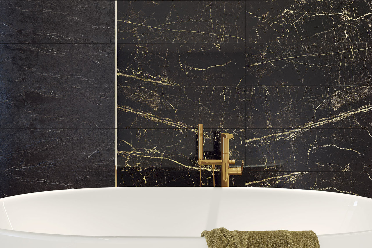 Плитка стінова Golden Hills Nero STR RECT 298x898x9 Paradyz - Зображення e76b9-golden-hills-nero-struktura-298x898_golden-hills-pietra-inserto-szklane-298x898_detal.jpg