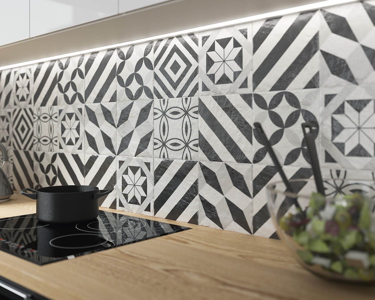 Плитка керамогранитная Modern Motyw C STR 198x198x7,5 Paradyz - Зображення eb401-wzorzysta-sciana-w-kuchni-modern.jpg
