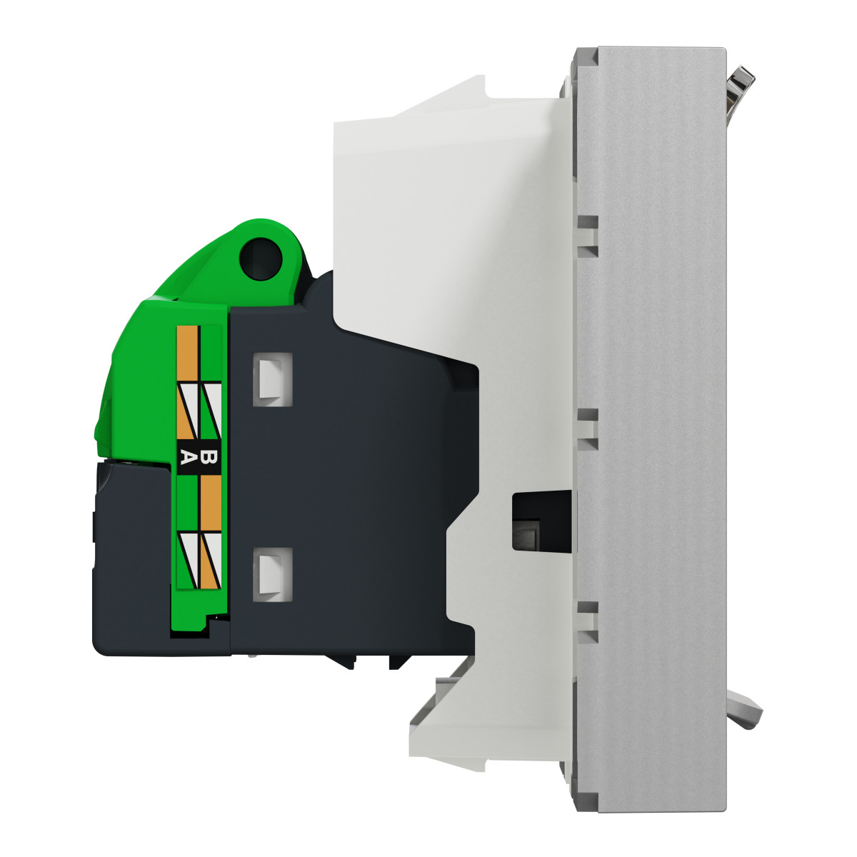 Розетка комп'ютерна RJ45, одинарна категорія 6 UTP, 2 модулі алюміній - Зображення shnider_NU341530_IOP-left_WD19.jpg