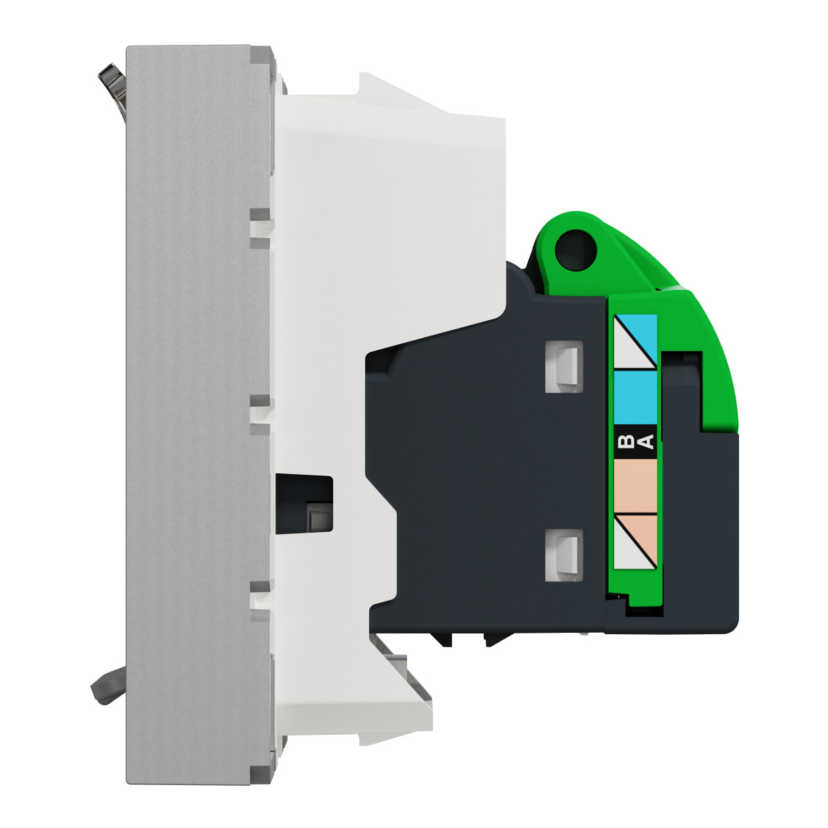 Розетка комп'ютерна RJ45, одинарна категорія 6 UTP, 2 модулі алюміній - Зображення shnider_NU341530_IOP-right_WD19.jpg