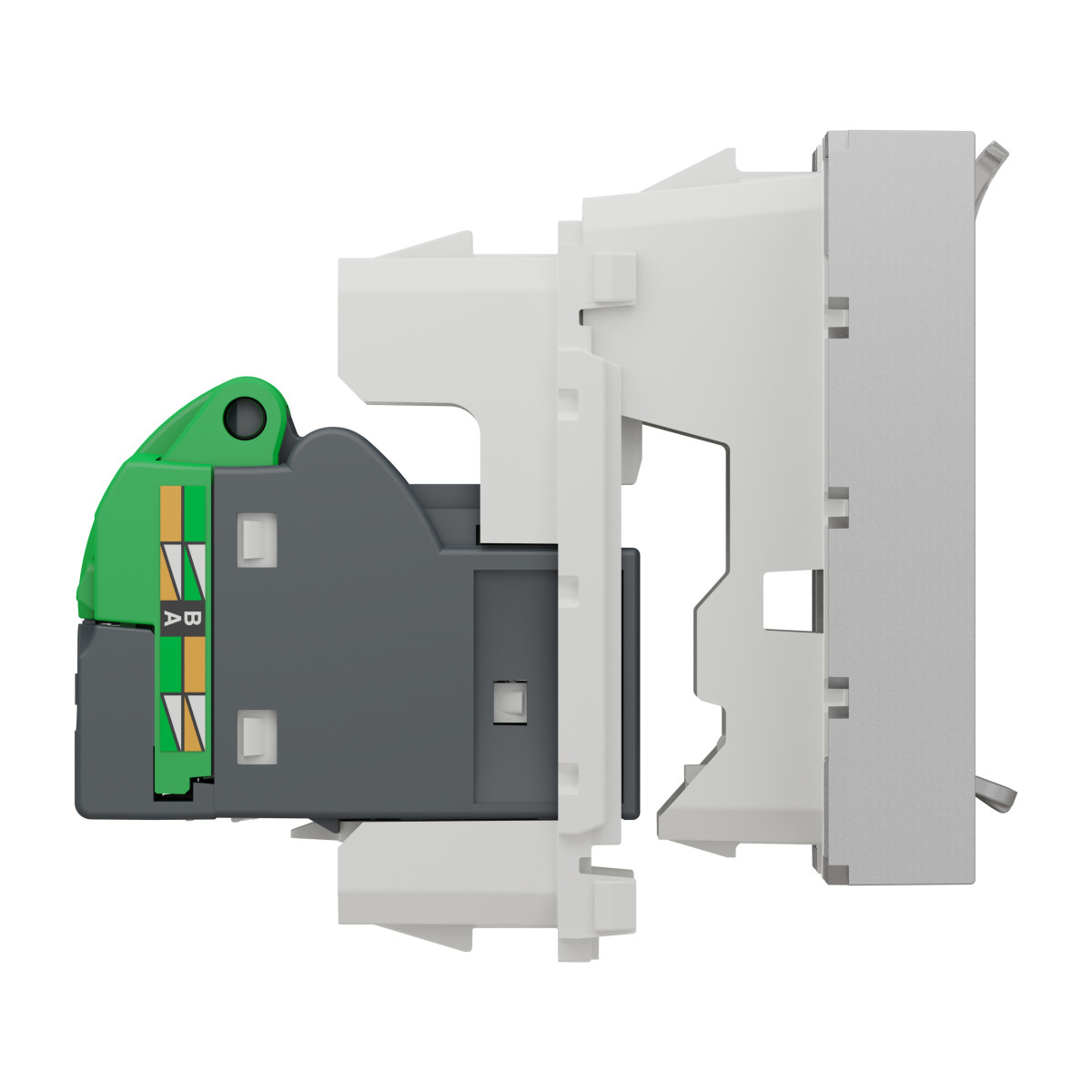 Розетка комп'ютерна RJ45, одинарна категорія 6 STP, 2 модулі алюміній - Зображення shnider_NU341730_IOP-left_WD19.jpg