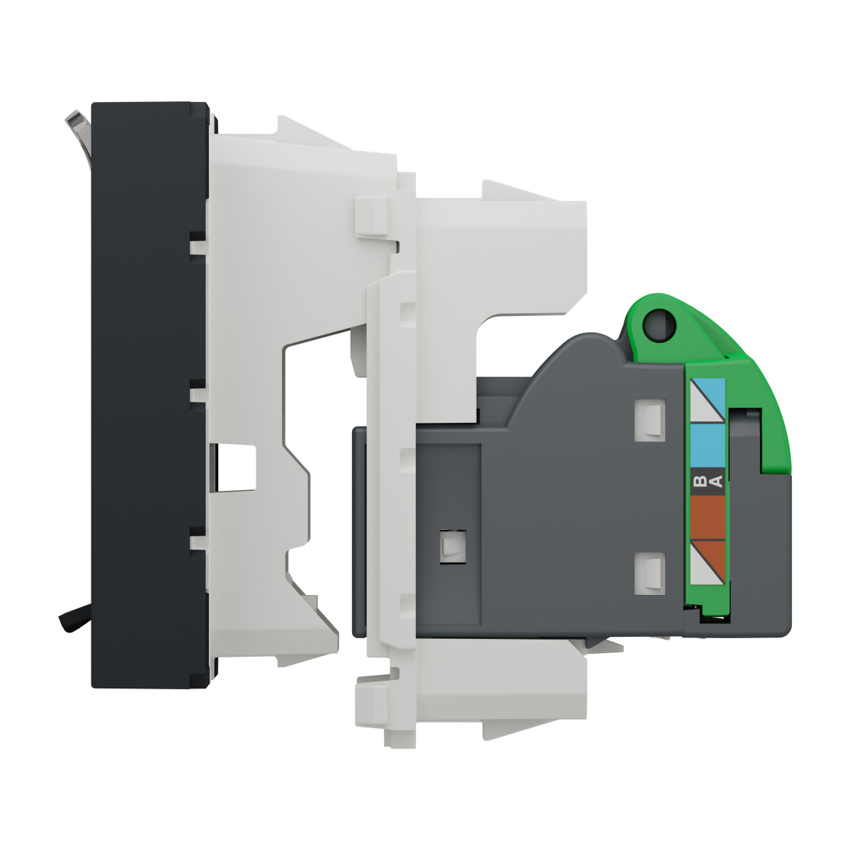 Розетка комп'ютерна RJ45, одинарна категорія 6 STP, 2 модулі антрацит - Зображення shnider_NU341754_IOP-right_WD19.jpg