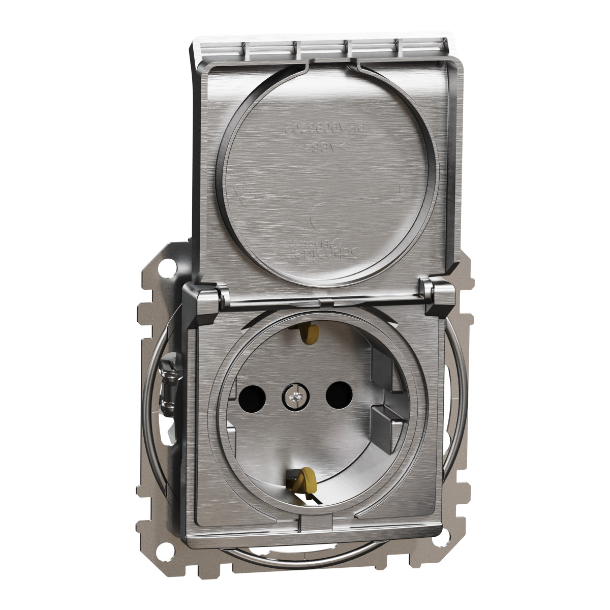 Розетка з заземленням, зі шторками та кришкою Матовий алюміній Sedna Elements - Зображення shnider_SDD170024_IOP-def_WD.jpg