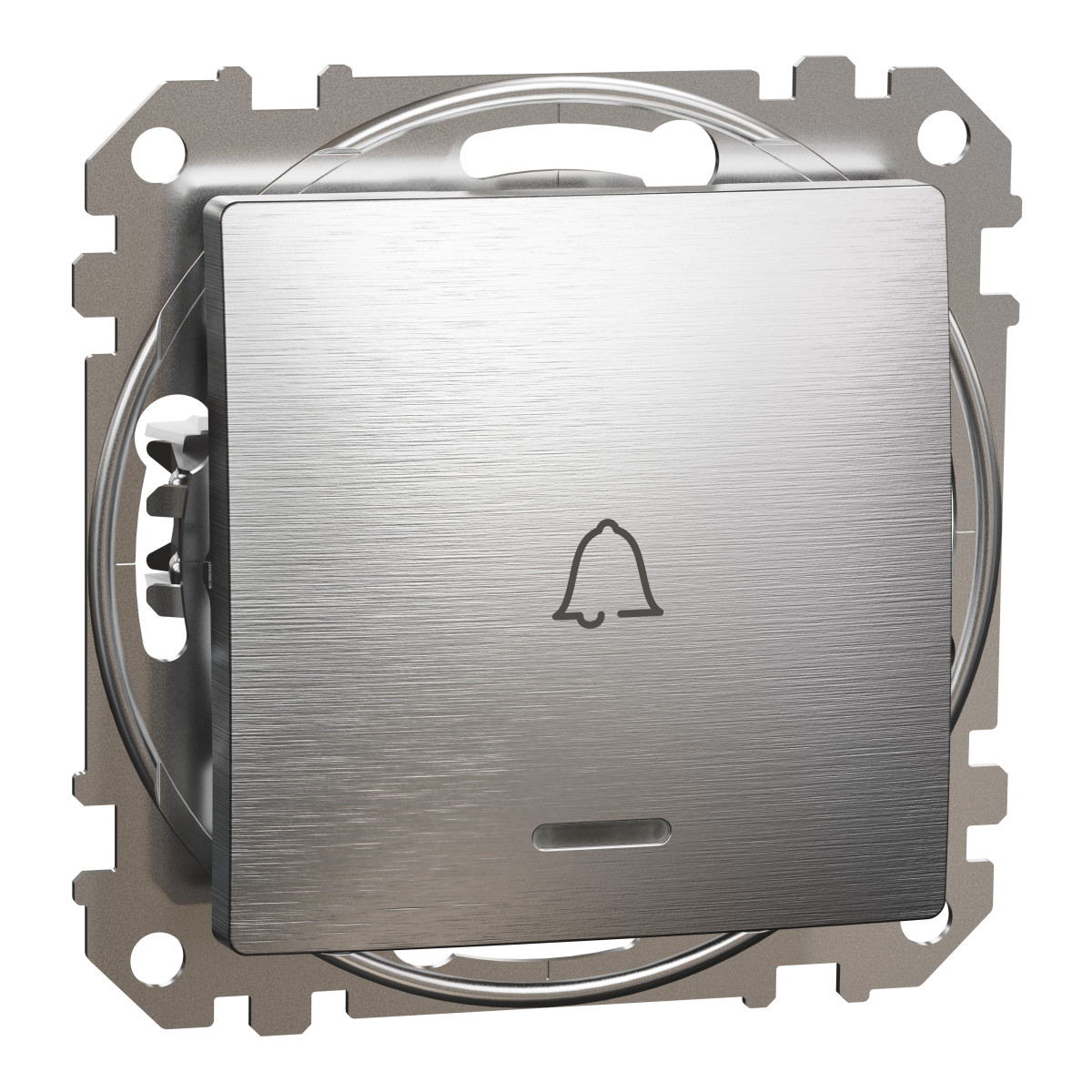 Вимикач кнопковий з символом ''Дзвоник'' з синьою підсвіткою, 10A, матовий алюміній, Sedna Elements - Зображення