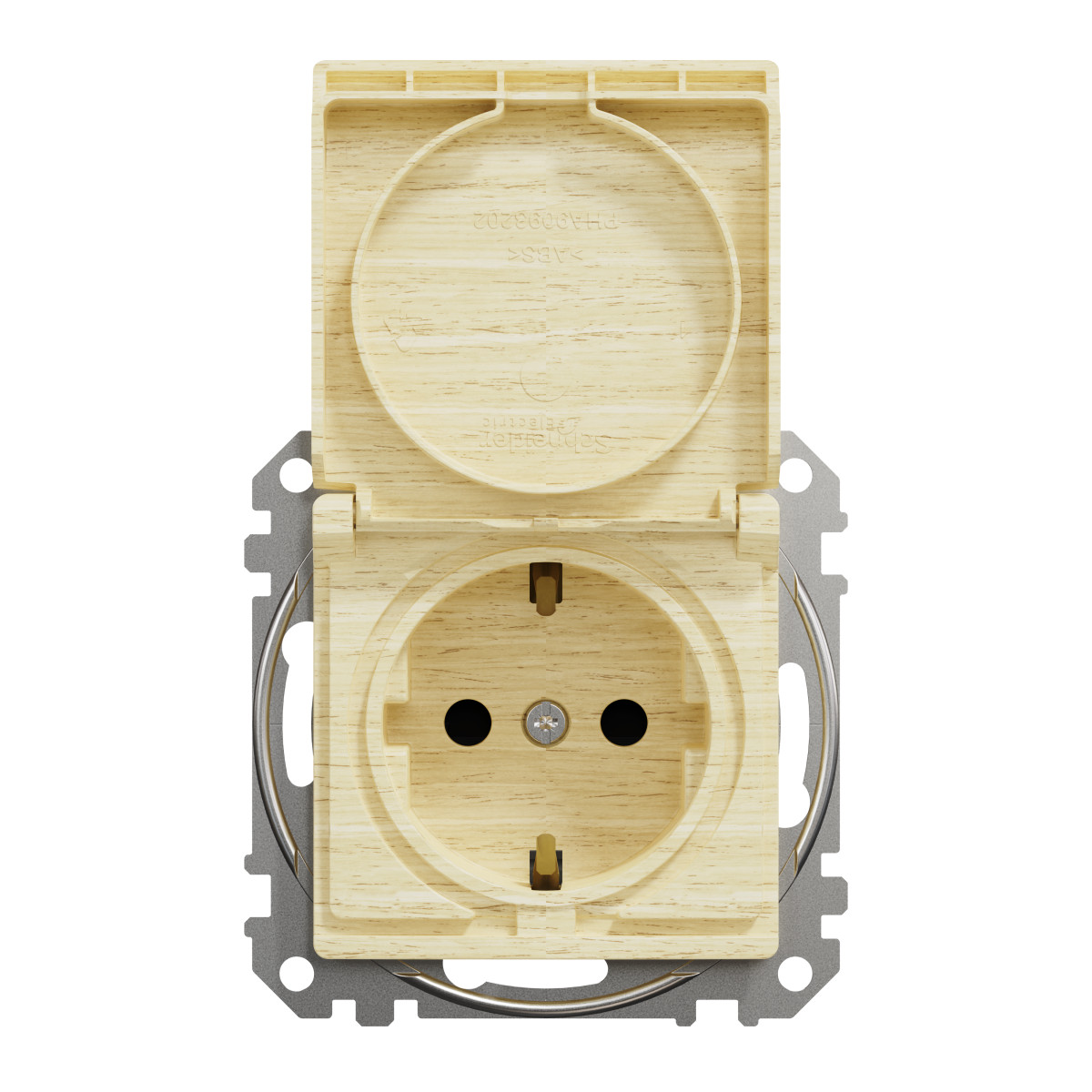 Розетка з заземленням та зі шторками, з кришкою Береза Sedna Elements - Зображення shnider_SDD180024_IOP-front_WD.jpg
