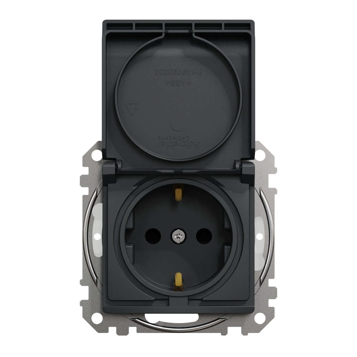Розетка з заземлення, зі шторками, та з кришкою IP44 Чорний Sedna Design - Зображення shnider_SDD214024_IOP-front_WD.jpg